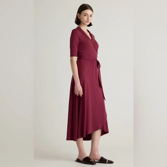 Quince Tencel Jersey Midi Wrap Dress Wine Small NWT - Picture 7 of 7